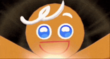 a gingerbread cookie with blue eyes and a white swirl on its head .