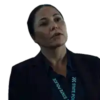 a woman with a lanyard that says state police on it