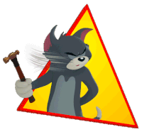 a cartoon cat holding a hammer and the word omg behind him