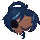 a pixel art drawing of a person with blue hair and a black eye patch sleeping .