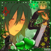a picture of a man with green hair and the words good luck on it