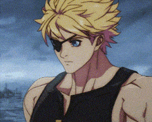 a man with blonde hair and blue eyes is wearing a black tank top