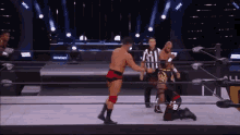 a referee is standing in the middle of a wrestling ring with two wrestlers .