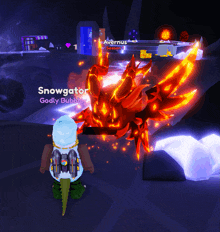 a cartoon character named snowgator is standing in front of a giant fire monster