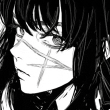 it is a black and white drawing of a girl with long hair and a bandage on her face .