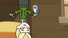 a cartoon character is hanging upside down and a bird is standing next to him