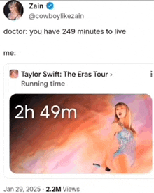 a twitter post about taylor swift running time