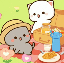 a cartoon of two cats having a picnic with a box of food