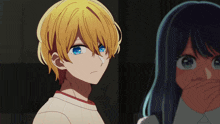a boy with yellow hair and blue eyes is standing next to a girl