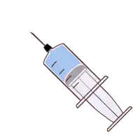 a cartoon drawing of a syringe with a drop of liquid coming out of the needle