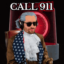 a man wearing a wig and sunglasses stands in front of a call 911 sign