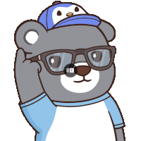 a cartoon bear wearing glasses and a blue hat with a penguin on it