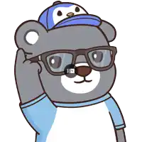 a cartoon bear wearing glasses and a blue hat with a penguin on it