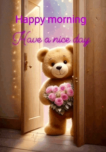 a teddy bear is peeking out of an open door holding a bouquet of flowers .