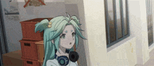 a girl with green hair and headphones stands in a room