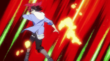 a man in a blue jacket is running in front of a red background with green and yellow lines .