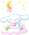 cinnamoroll is sitting on a cloud with stars and a crescent moon .