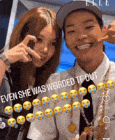 a man and a woman are posing for a picture and the caption says even she was weirded tf out