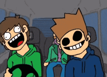 a cartoon of two boys in a car laughing