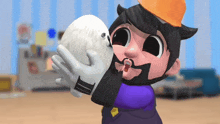 a cartoon character wearing a hard hat is holding a white ball in his hands