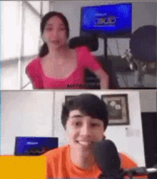 a man and a woman are having a video call and the woman is wearing a pink shirt that says maynards