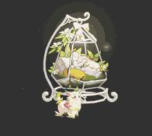 a drawing of a baby in a cradle with flowers and plants