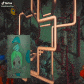 a maze made of pipes with a drawing of a girl on it .