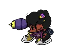 a cartoon character is holding a purple and yellow weapon .