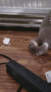 a cat playing with a toy mouse on a wooden table