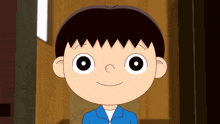 a cartoon boy with big eyes and a blue jacket