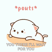a cartoon cat is laying on a table and says " pouts "