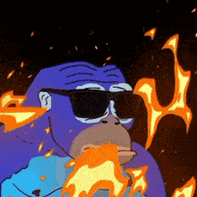 a cartoon gorilla wearing sunglasses is holding a fire in his mouth