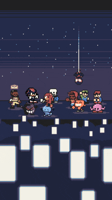 a pixel art drawing of a group of video game characters including sans and kirby