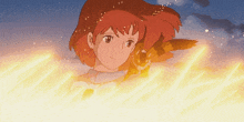 a cartoon girl with red hair is surrounded by a flame