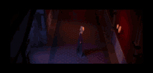 a woman in a purple dress is standing in a hallway