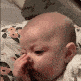 a baby is laying on a floral pillow and touching its nose .