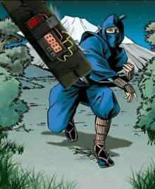a cartoon of a ninja holding a bomb with a digital display that says 8888