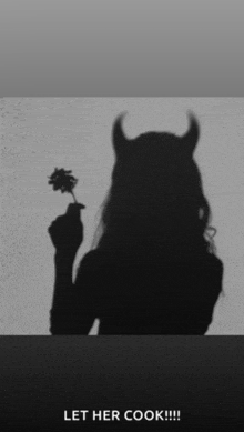 a shadow of a woman with horns holding a flower with the words let her cook !!! below her