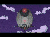 a cartoon airship is flying through a purple sky with clouds