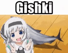 a girl is standing next to a large fish with the word gishki written above her