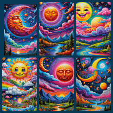 a collection of colorful paintings of the moon and the sun