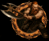 a man with a beard is holding a large axe in front of a fire circle