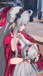 a girl in a red dress is holding a doll in her arms with a bilibili logo behind her