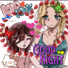 a picture of two girls with hearts and butterflies and the words good night