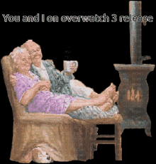 an animated image of an elderly couple sitting in front of a fireplace with the words you and i on overwatch 3 release
