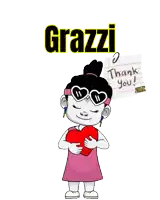 a cartoon girl holding a heart and a note that says grazi on it