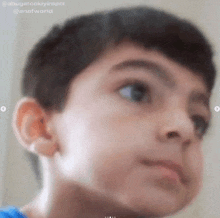 a close up of a young boy 's face with a blue shirt on .