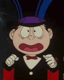 a cartoon character wearing a purple hat and a bow tie