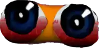 a close up of a pair of cartoon eyes with the letter n visible