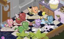 a group of froggupebbles are sitting on a checkered floor in a kitchen